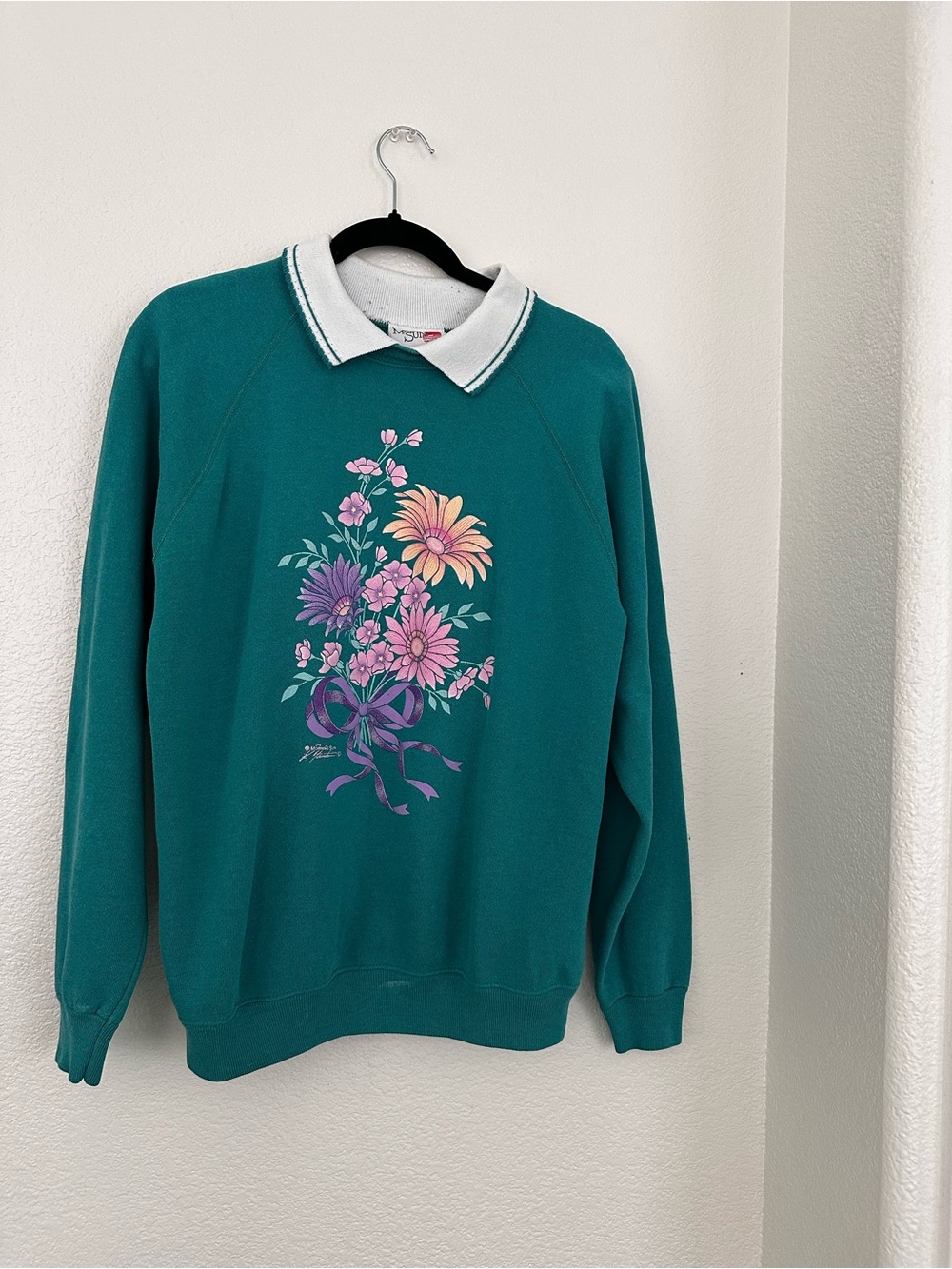 Floral Graphic Teal Crewneck Sweater with Polo Collar
